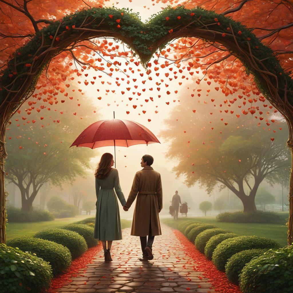 A serene scene depicting a couple holding hands, surrounded by a protective umbrella symbolizing insurance, with hearts and lifelines weaving around them. The background features a calm landscape, blending nature with gentle symbols of love and security, like doves and locks. Soft, warm colors enhance the romantic atmosphere, emphasizing the theme of protection and bond strength. super-realistic. vibrant colors. gentle gradient.
