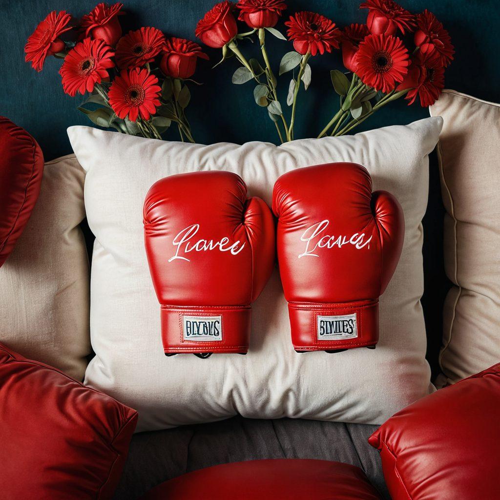 A pair of boxing gloves resting on a soft heart-shaped pillow, symbolizing the fight for love and compassion. Surrounding them are vibrant flowers representing blessings and growth, with a warm glowing light that suggests hope and protection. In the background, a subtle outline of a family embracing, showing the essence of care and support. soft focus, warm colors, ethereal light.