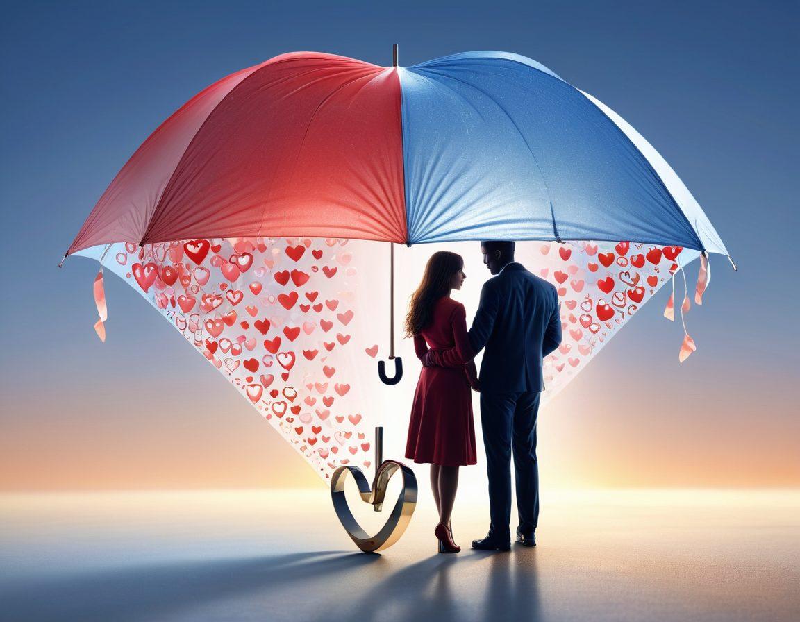 A heart formed by interlocking layers of insurance policies and relationship symbols, such as couples holding hands, intertwined rings, and supportive gestures. The background should be a warm, inviting gradient to convey love and security. Incorporate elements like a protective umbrella covering the heart and light rays shining down, symbolizing hope and support. super-realistic. vibrant colors. soft focus.